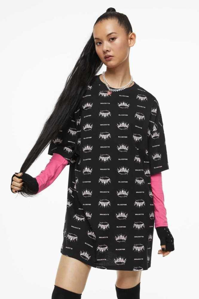 Ropa De Dormir H&M Printed Nightgown Mujer Negros | 053769WAI