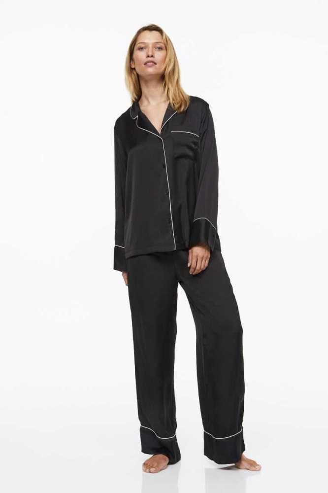 Ropa De Dormir H&M Satin Pajama Shirt and Pants Mujer Rosas Claro | 739120SAC