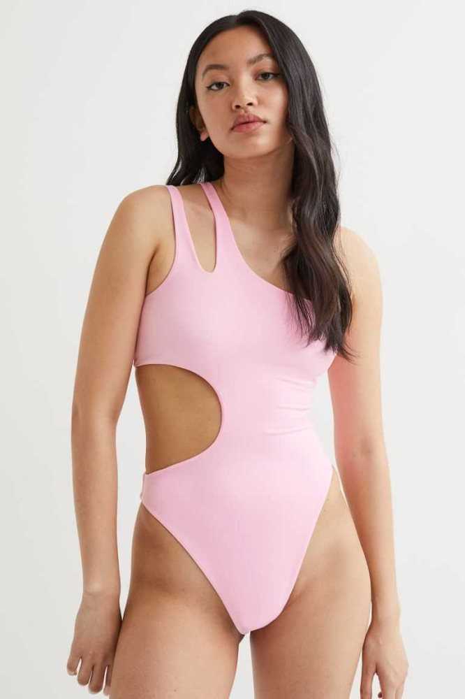 Ropa De Playa H&M High Leg One-shoulder Swimsuit Mujer Negros Blancos | 194372DLO