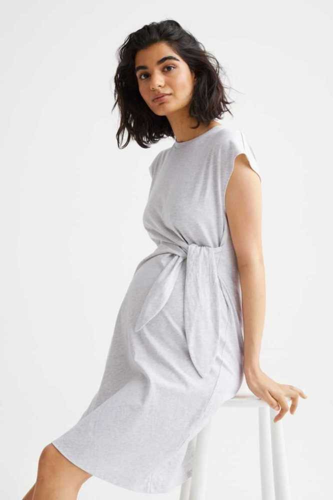 Ropa de Premamá H&M MAMA Tie-detail Jersey Vestido Mujer Grises Claro | 754601MCE