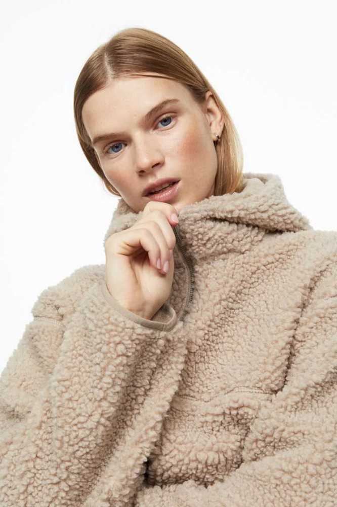 Sudadera Con Capucha H&M Half-zip Teddy Mujer Beige | 504839BUV