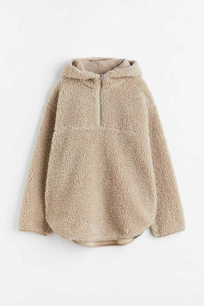 Sudadera Con Capucha H&M Half-zip Teddy Mujer Beige | 504839BUV