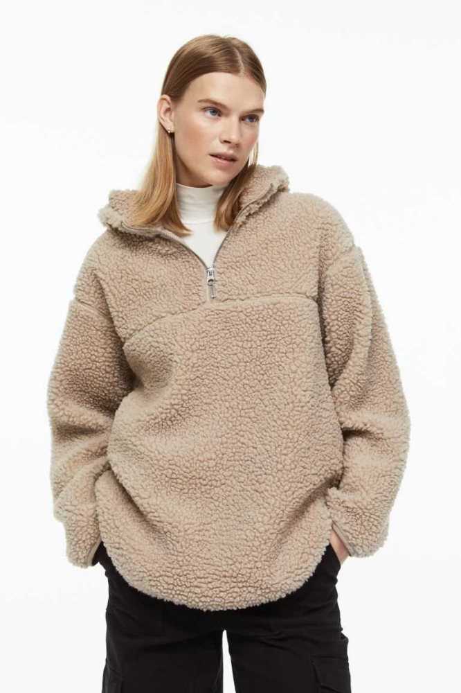 Sudadera Con Capucha H&M Half-zip Teddy Mujer Beige | 504839BUV