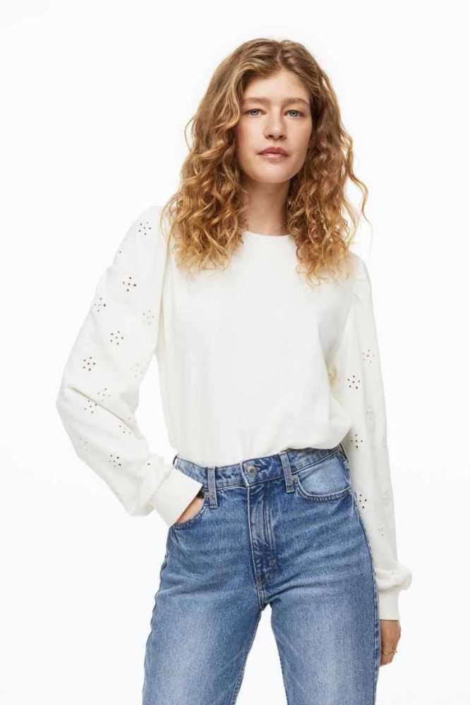 Sudaderas H&M Eyelet Embroidery Mujer Creme | 325179ABT