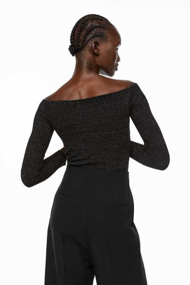 Suéteres H&M Glittery Rib-knit Top Mujer Negros | 195702LXA