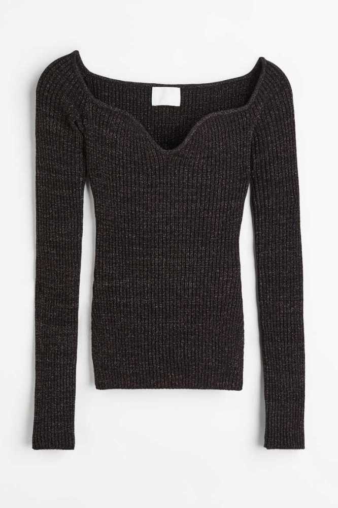 Suéteres H&M Glittery Rib-knit Top Mujer Negros | 195702LXA