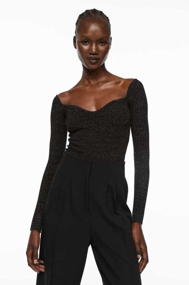 Suéteres H&M Glittery Rib-knit Top Mujer Negros | 195702LXA