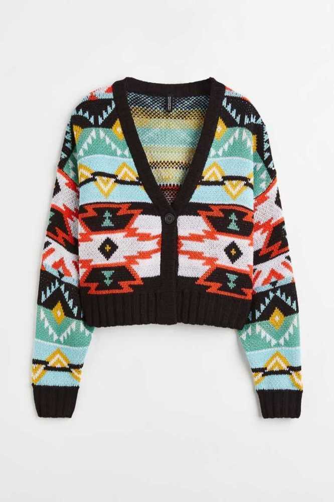 Suéteres H&M Jacquard-knit Crop Cardigan Mujer Negros | 087542BHI