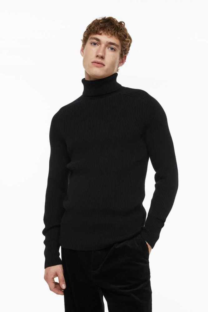 Suéteres H&M Muscle Fit Turtleneck Hombre Negros | 590237MXB