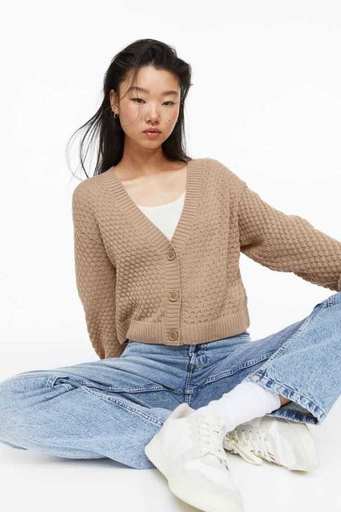 Suéteres H&M Pointelle-knit Cardigan Mujer Beige | 835970PTD