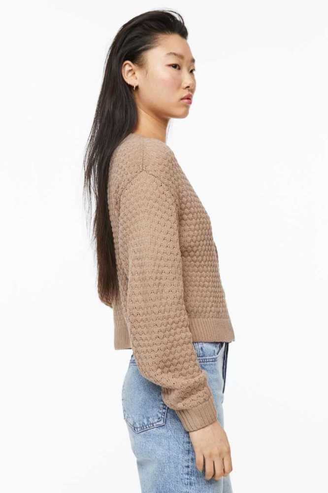 Suéteres H&M Pointelle-knit Cardigan Mujer Beige | 835970PTD