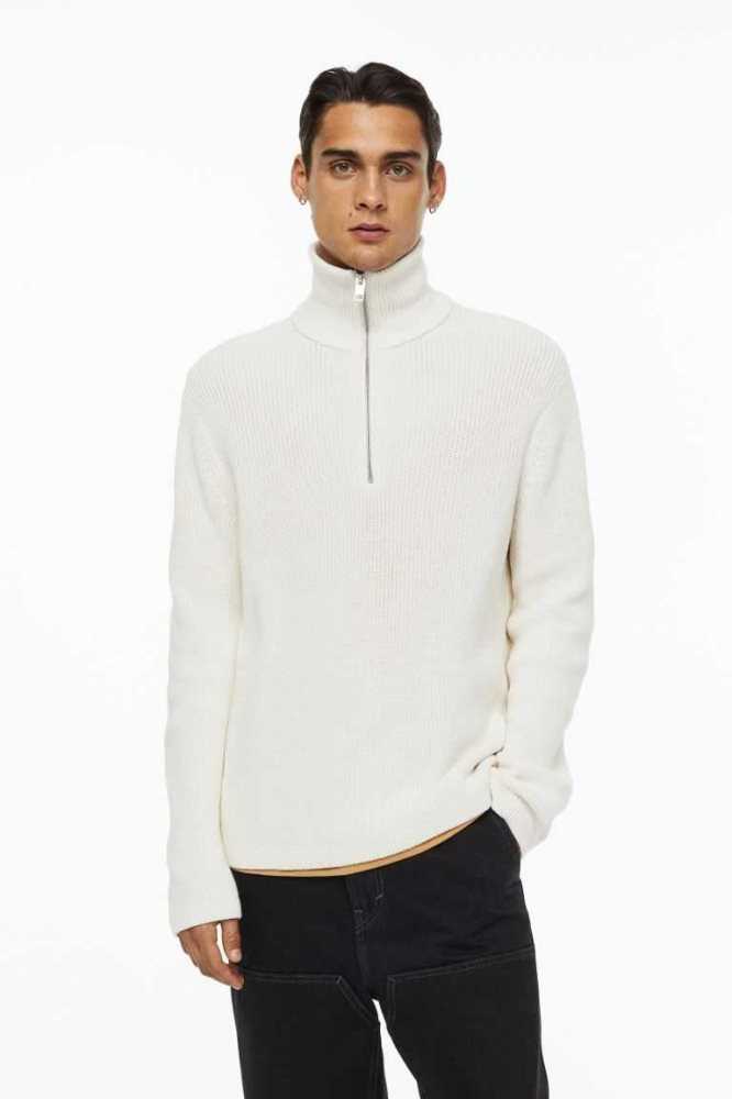 Suéteres H&M Relaxed Fit Rib-knit Half-zip Hombre Creme | 230891IOD