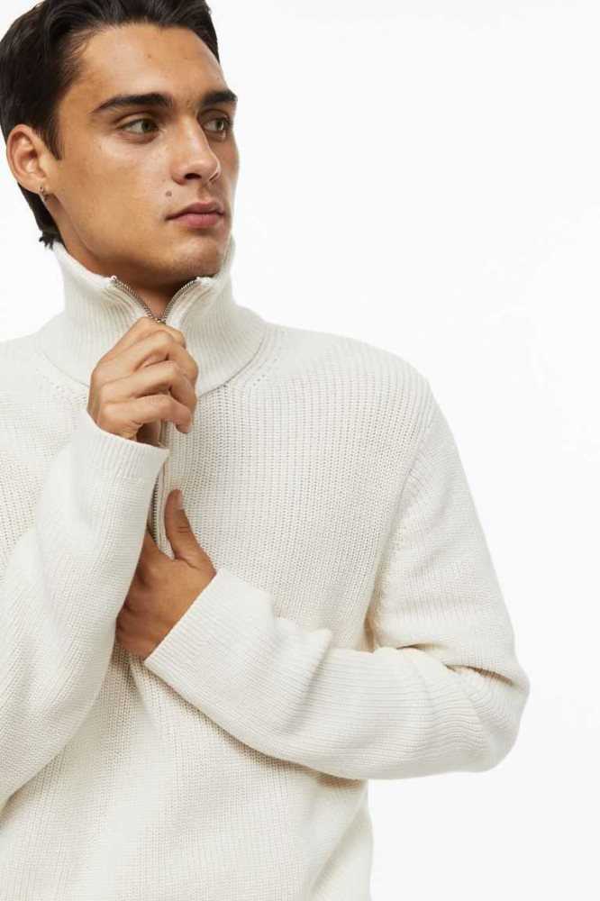 Suéteres H&M Relaxed Fit Rib-knit Half-zip Hombre Creme | 230891IOD