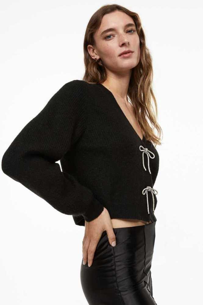 Suéteres H&M Rhinestone-bow Rib-knit Cardigan Mujer Negros | 423987ZRB