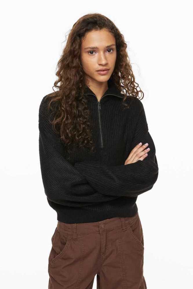 Suéteres H&M Rib-knit Half-zip Mujer Negros | 683147ZRV