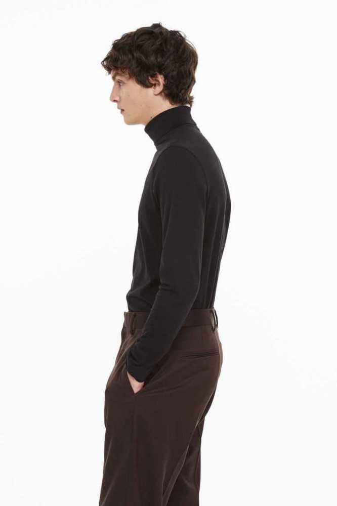 Suéteres H&M Slim Fit Algodon Turtleneck Shirt Hombre Negros | 369287TER