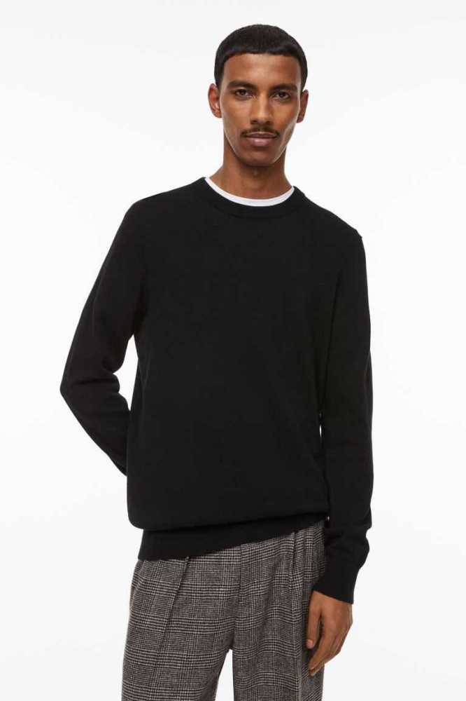 Suéteres H&M Slim Fit Fine-knit Algodon Hombre Negros | 085627KBE