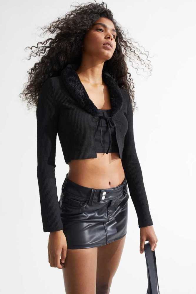 Suéteres H&M Tie-front Crop Cardigan Mujer Negros | 653148YBR