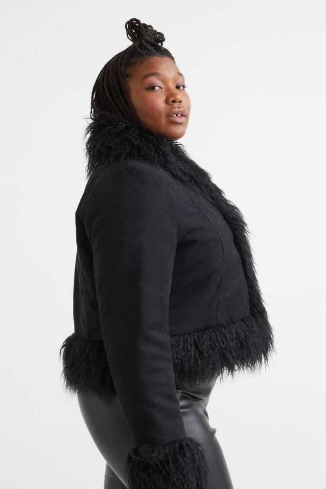 Talla Extra H&M Fluffy-trimmed Jacket Mujer Negros | 416389GNP