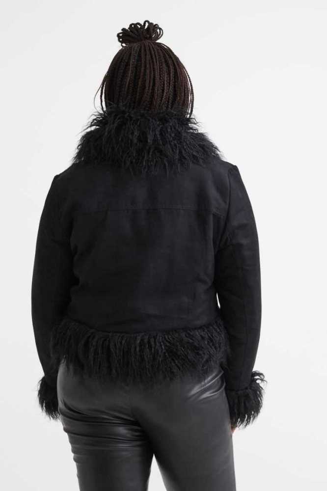 Talla Extra H&M Fluffy-trimmed Jacket Mujer Negros | 416389GNP