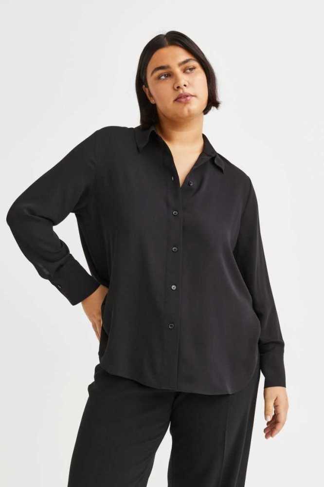 Talla Extra H&M Pointed-collar Shirt Mujer Negros | 534891HLP