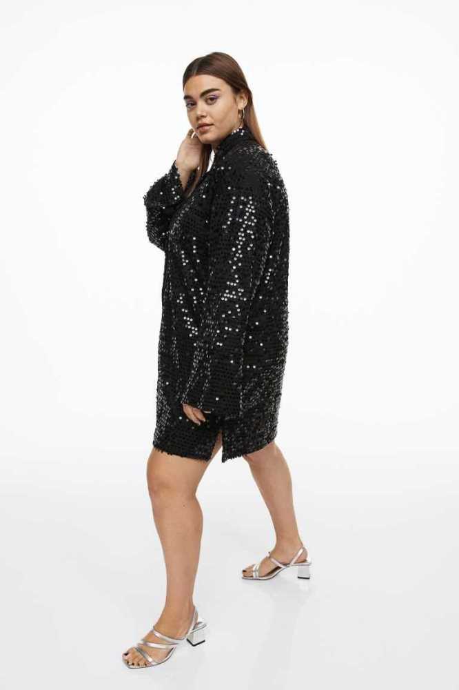 Talla Extra H&M Sequined Shirt Vestido Mujer Negros | 079534BWK