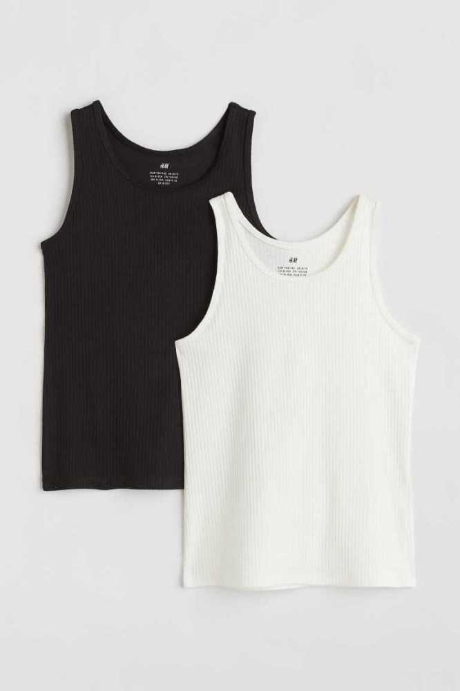 Tops H&M 2-pack Acanalado Algodon Tank Niños Negros Blancos | 835467LCQ