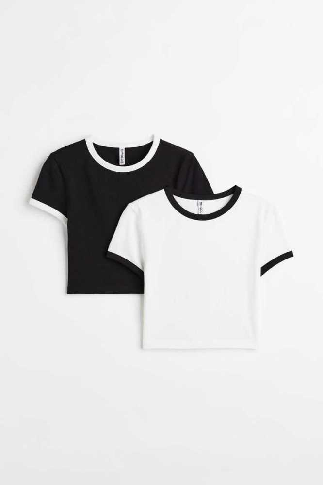 Tops H&M 2-pack Crop Mujer Negros Blancos | 395607BJQ