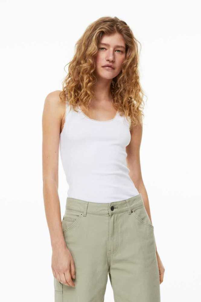 Tops H&M 2-pack Encaje-trimmed Tank Mujer Blancos | 135892WIM