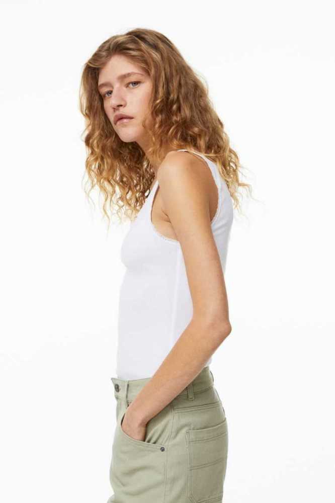 Tops H&M 2-pack Encaje-trimmed Tank Mujer Blancos | 135892WIM