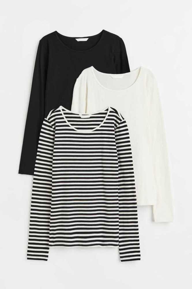 Tops H&M 3-pack Jersey Mujer Negros Blancos | 871563AHT