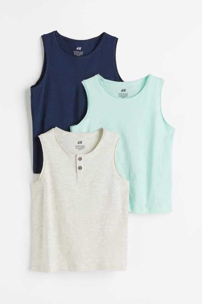 Tops H&M 3-pack Slub Jersey Tank Niños Azul Marino Azules Verde Menta Verdes | 418675OID