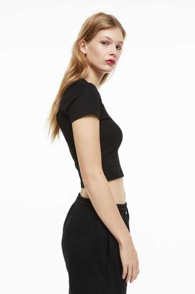 Tops H&M Acanalado Crop Mujer Negros | 926340XAN