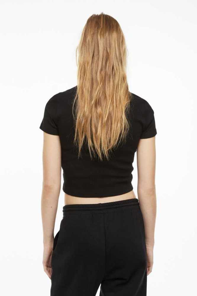 Tops H&M Acanalado Crop Mujer Negros | 926340XAN