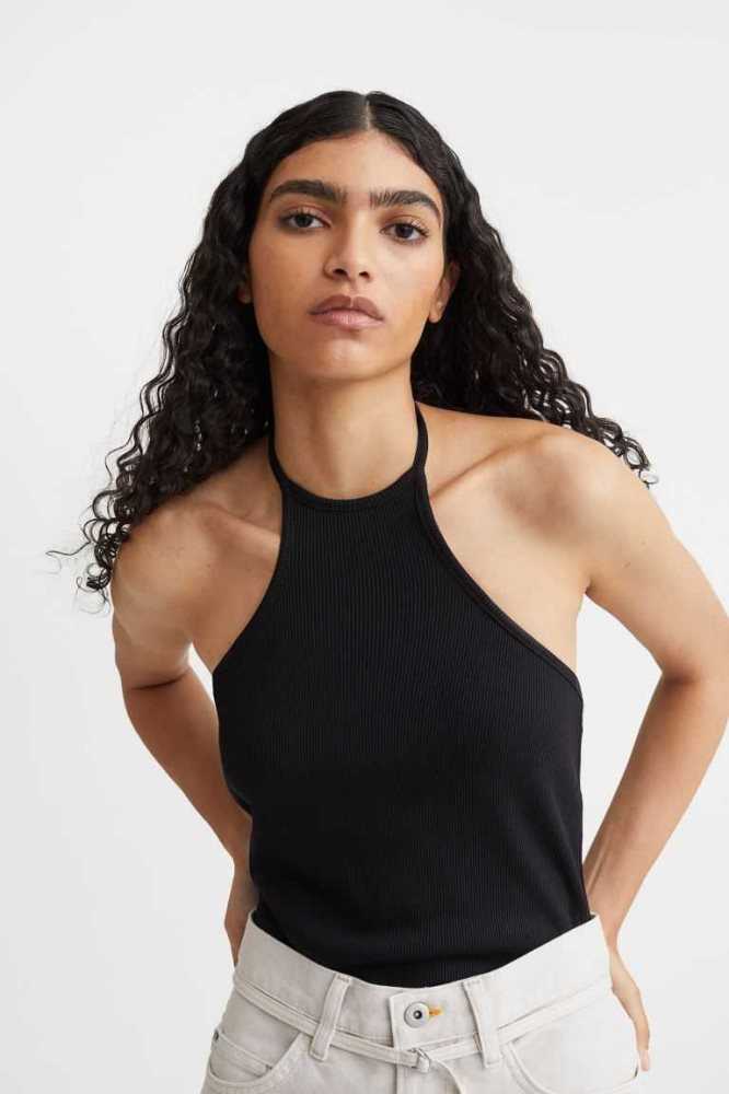 Tops H&M Acanalado Halterneck Mujer Negros | 143682RTD