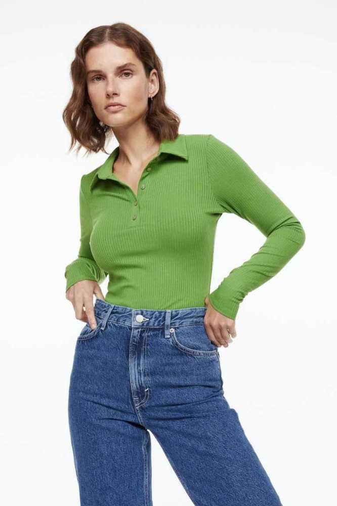 Tops H&M Acanalado Jersey Bodysuit Mujer Verdes | 476290XCO