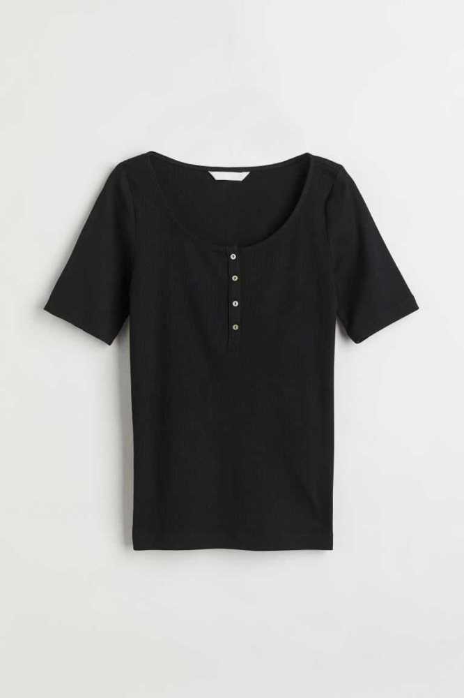 Tops H&M Acanalado T-shirtButtons Mujer Blancos | 814069XNY