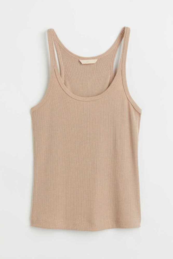 Tops H&M Acanalado Tank Mujer Beige | 475890WHL