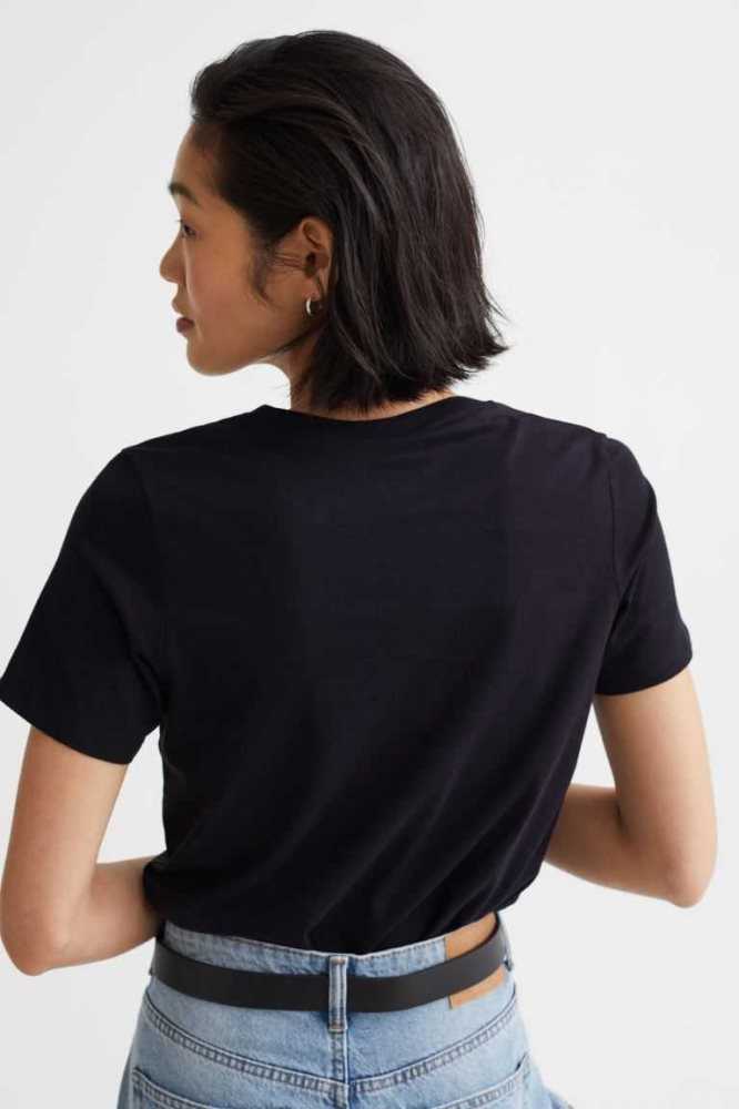 Tops H&M Algodon T-shirt Mujer Negros | 738405RBE