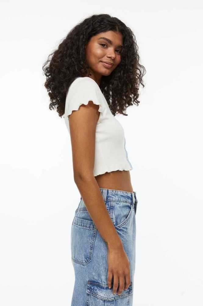 Tops H&M Button-front Crop Mujer Creme | 805632OHD