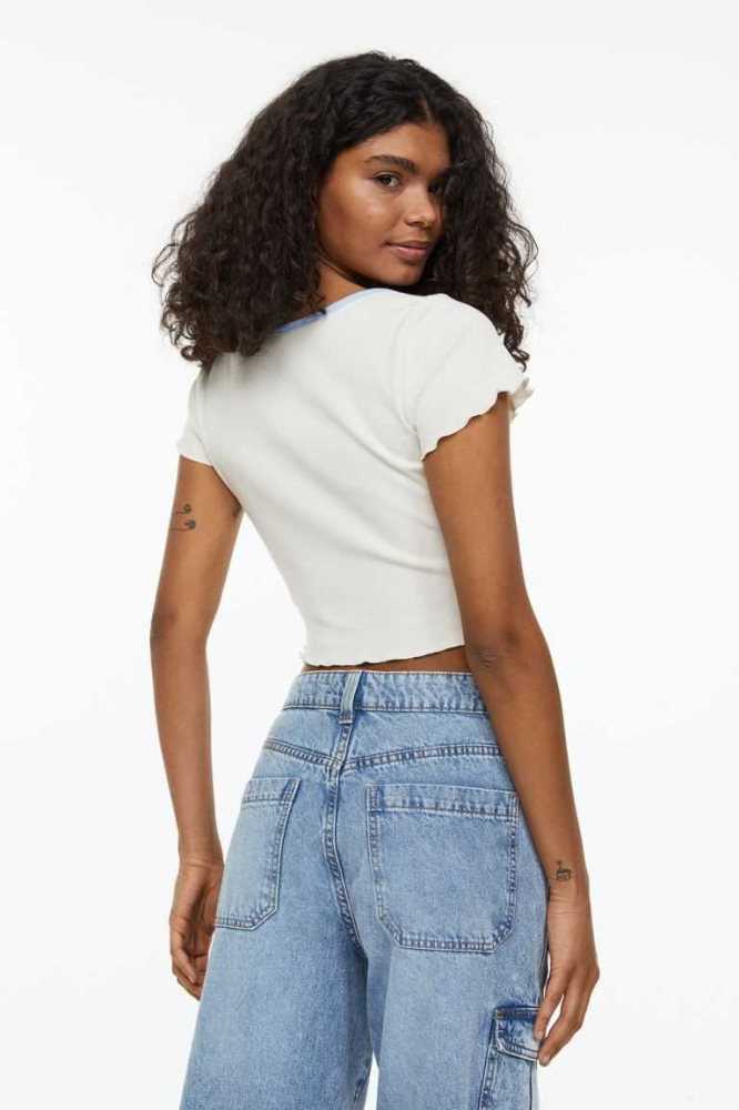 Tops H&M Button-front Crop Mujer Creme | 805632OHD