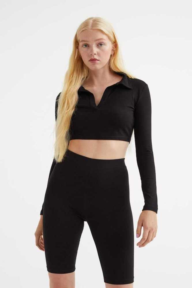 Tops H&M Collared Crop Mujer Negros | 124086QRN