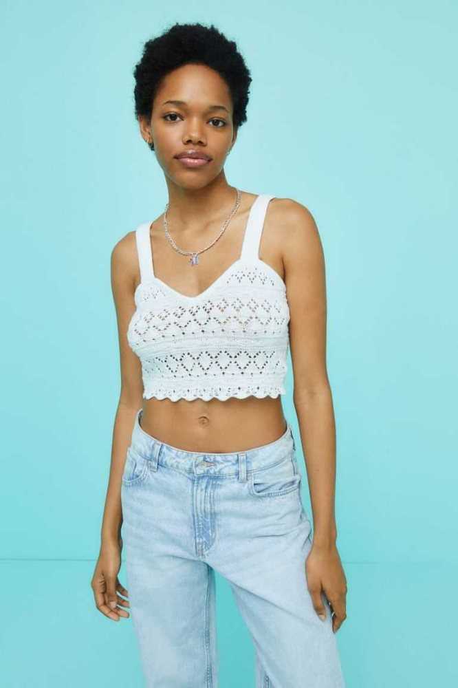 Tops H&M Crochet-look Crop Mujer Beige Claro Blancos | 839521VFP