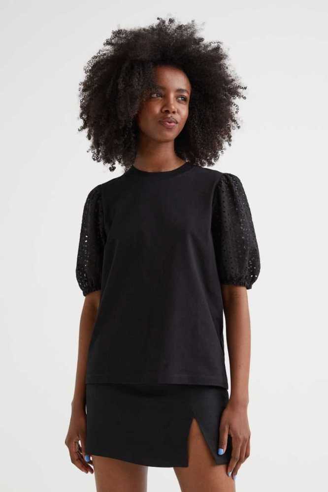 Tops H&M Embroidered-sleeve T-shirt Mujer Negros | 769548ARC