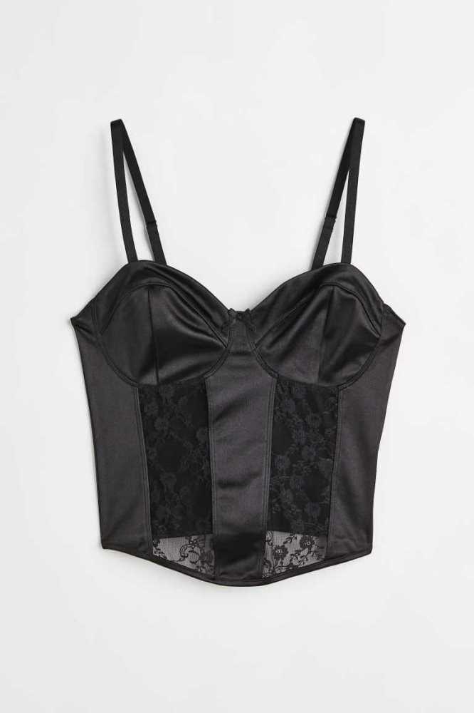 Tops H&M Encaje-detail Satin Bustier Mujer Negros | 251608ZKI