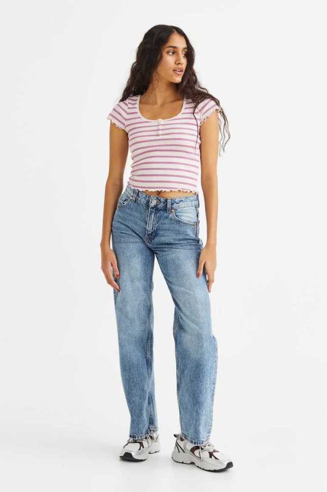 Tops H&M Encaje-trimmed Acanalado Mujer Rosas | 178654FYV