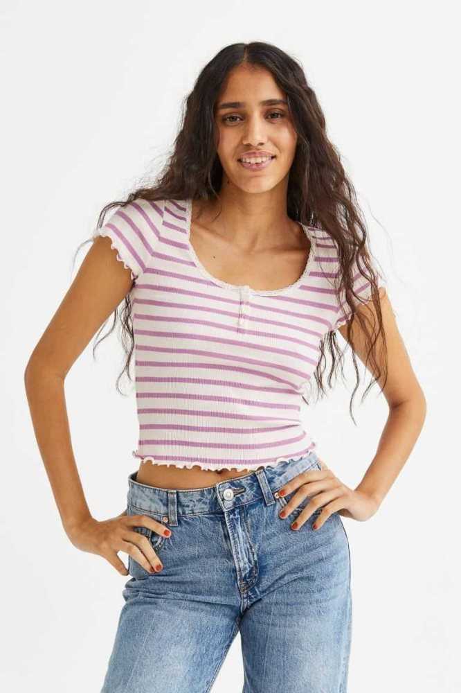 Tops H&M Encaje-trimmed Acanalado Mujer Rosas | 178654FYV