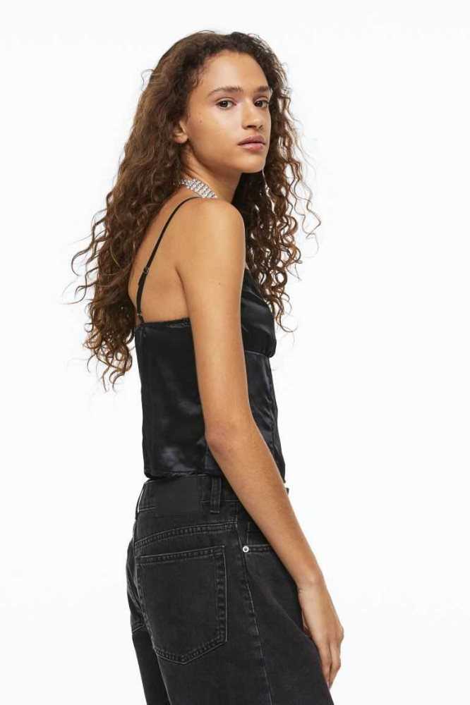 Tops H&M Encaje-trimmed Satin Mujer Negros | 438756HAJ