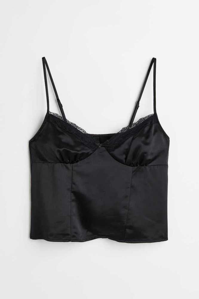 Tops H&M Encaje-trimmed Satin Mujer Negros | 438756HAJ