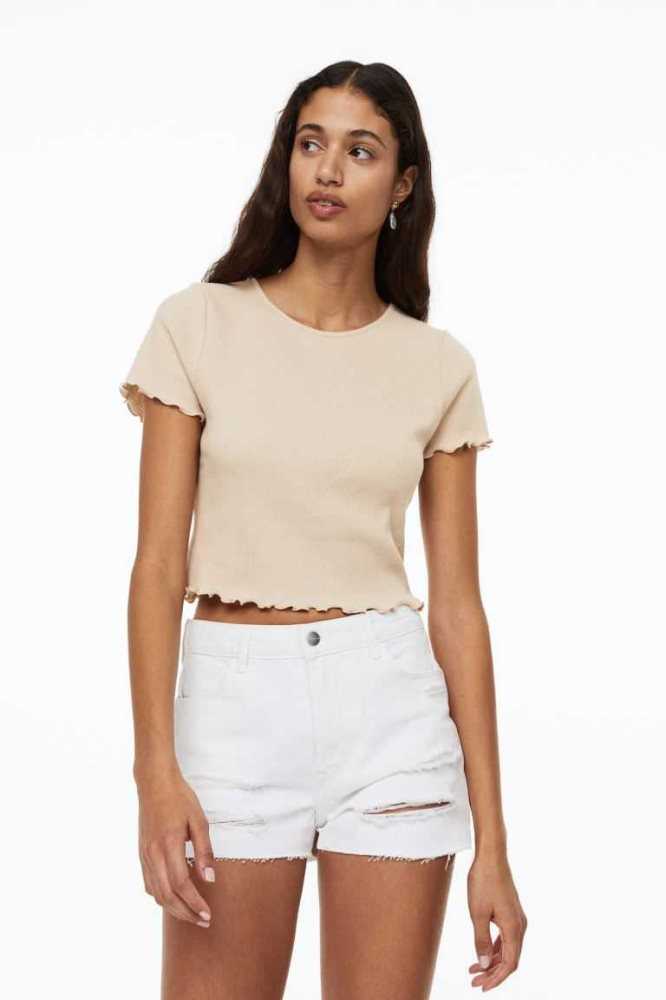 Tops H&M Fitted Mujer Beige Claro | 309485MEA